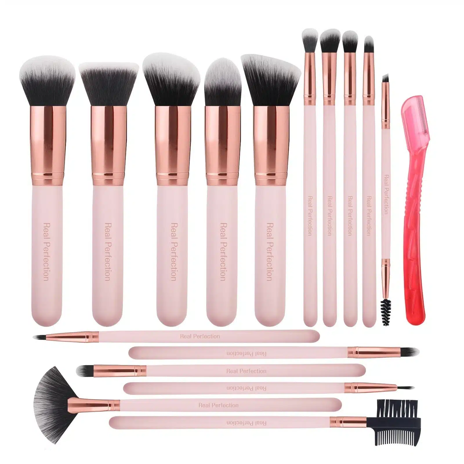 Real Perfection Makeup Brush Set 16 Pcs with 1 Eyebrow Razor Premium Synthetic Foundation Powder Concealers Eyeshadow Blush Makeup Brushes Make up Brushes Kit (Pink) 1 real perfection